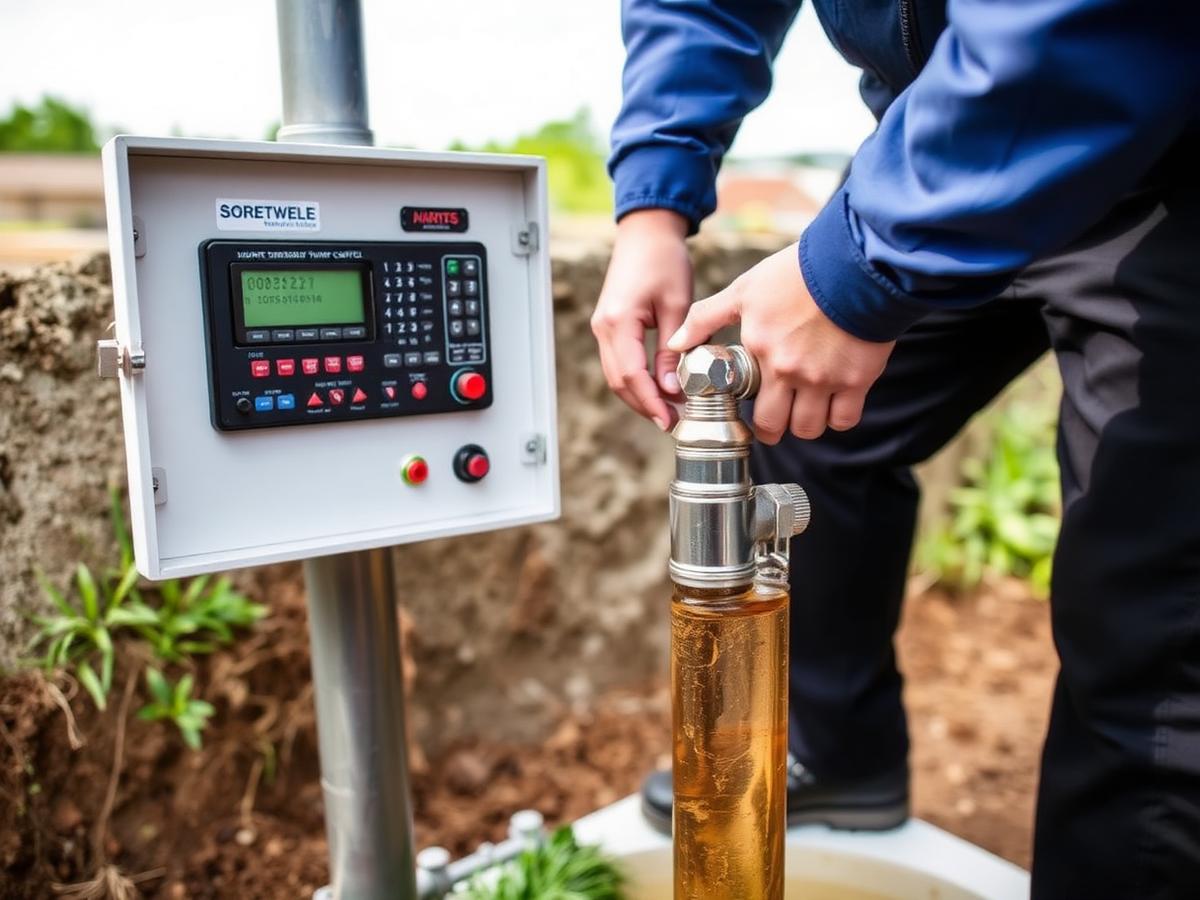 Technician commissioning a borehole pump control panel and wellhead pipework