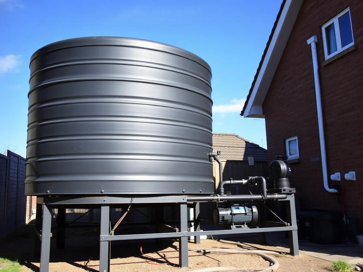 Water storage tank on a steel stand connected to a pressure pump beside a building